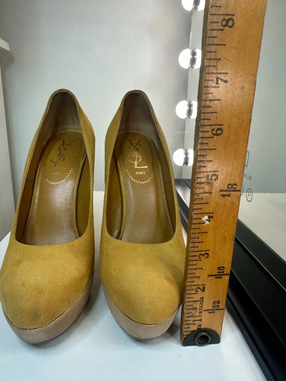 Yves Saint Laurent YSL Tribute Mustard Suede Platform Wedge Pumps, EU 36.5 / US